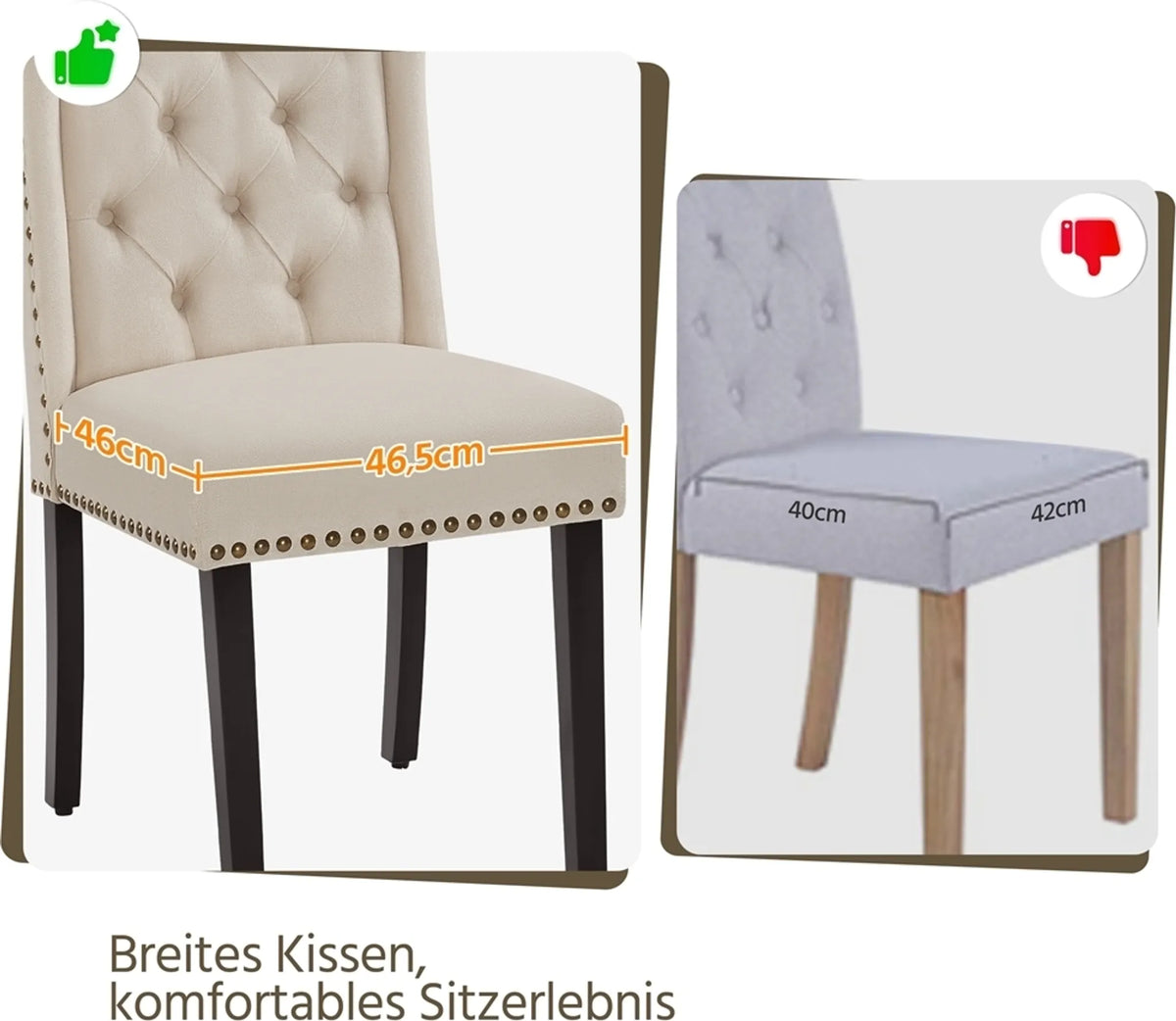 Esszimmerstühle, 2er-Set, Vintage, gepolstert, mit Holzbeinen und Ziernägeln, beige