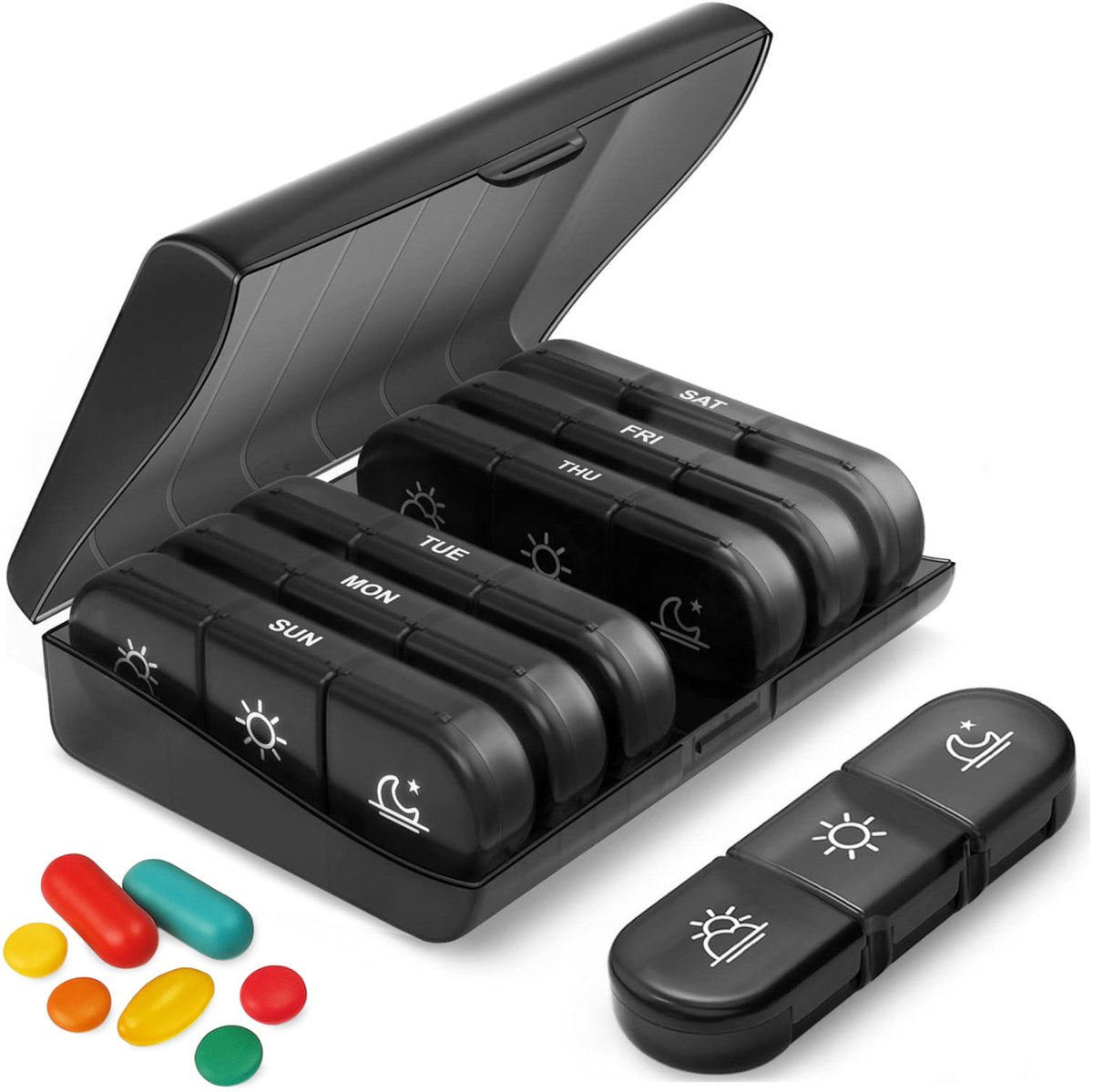 Alyze Medizin-Box 7 Tage Schwarz 15,6 x 12 x 4,2 cm - Pillenbox BPA-frei mit 3 Fächern pro Tag - Kompakte und langlebige Medikamentenbox