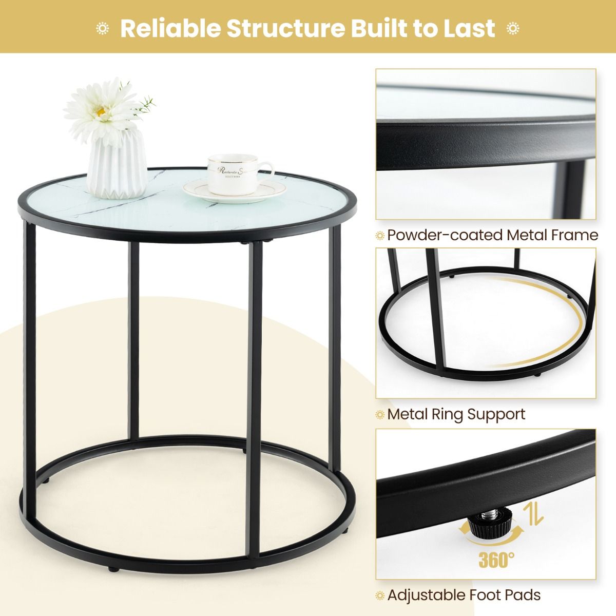 Coast 50 cm Runder Beistelltisch aus Glas mit Platte in Marmoroptik und schwarzem Metallgestell - Modernes Design