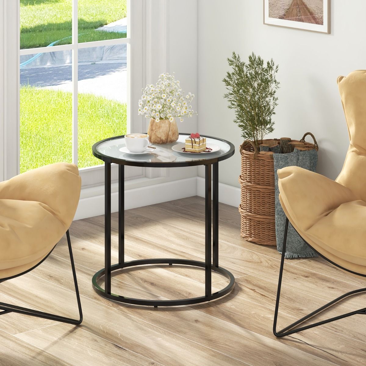 Coast 50 cm Runder Beistelltisch aus Glas mit Platte in Marmoroptik und schwarzem Metallgestell - Modernes Design