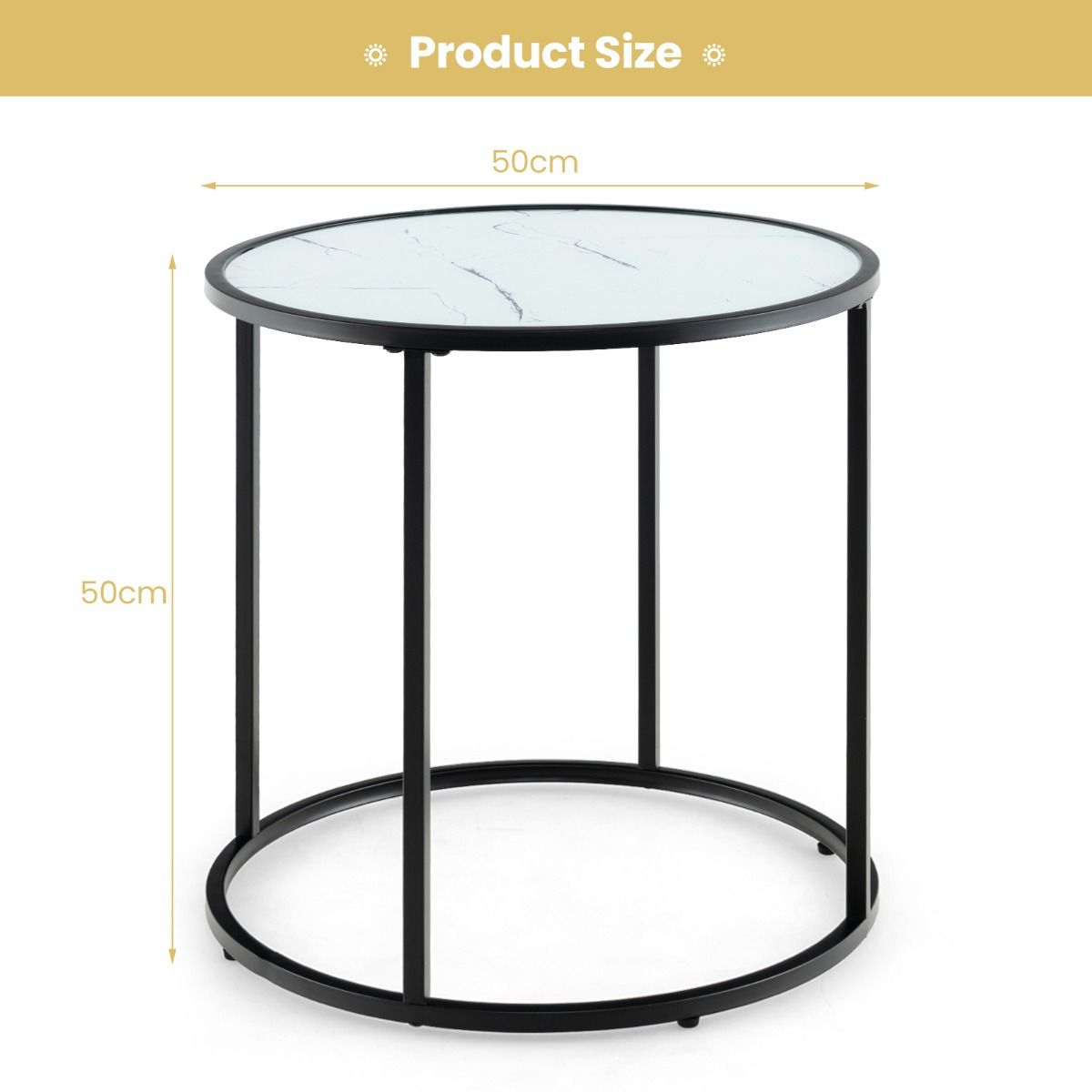Coast 50 cm Runder Beistelltisch aus Glas mit Platte in Marmoroptik und schwarzem Metallgestell - Modernes Design