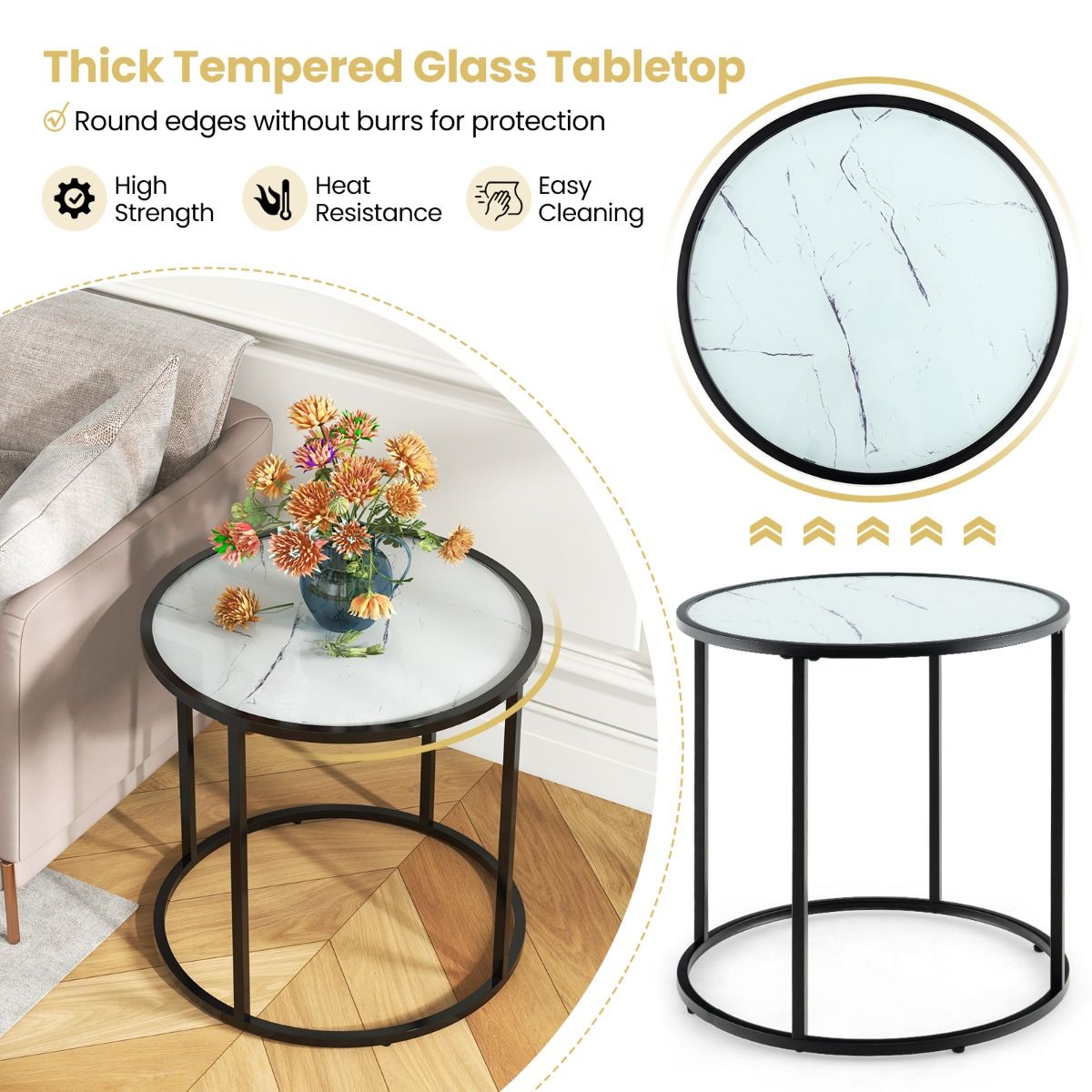 Coast 50 cm Runder Beistelltisch aus Glas mit Platte in Marmoroptik und schwarzem Metallgestell - Modernes Design