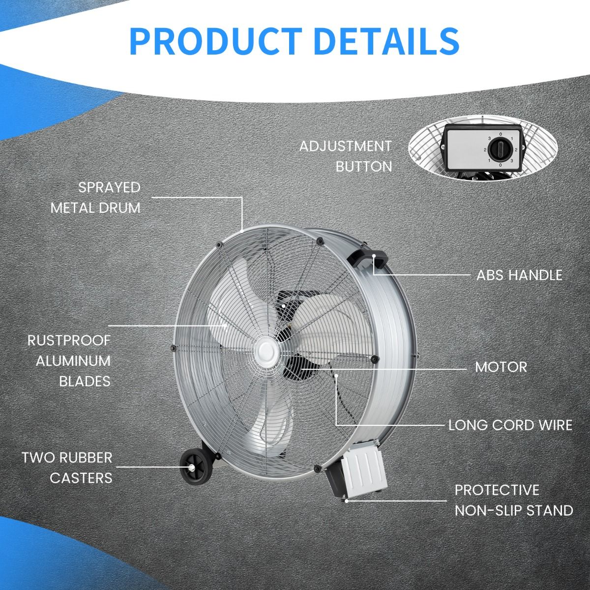 Coast Industrie-Trommelventilator - 3 Geschwindigkeiten, 180W, Max. 1300 CFM - 65 x 37 x 67 cm - Stahl/Aluminium - Silber