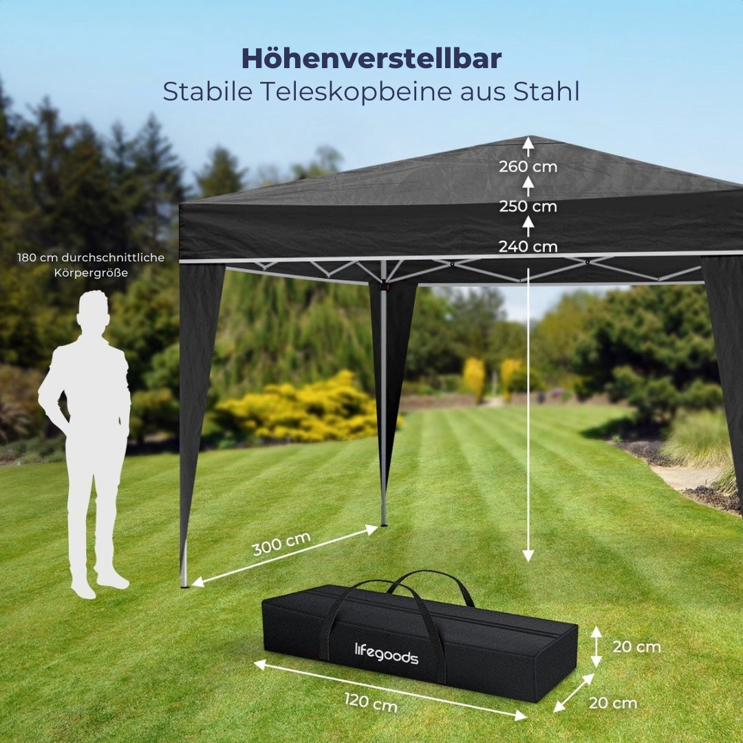 LifeGoods Partyzelt Pavillon - 3x3 m - Einfacher Aufbau - Zusammenklappbar - Wasserdicht - Mit Tragetasche - Schwarz