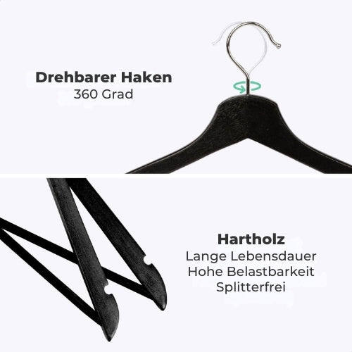 LifeGoods Kleiderbügel - mit Hosenstange - Hartholz - Schwarz - 50 Stück