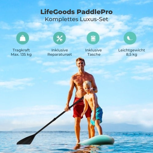LifeGoods SUP Board - Deluxe Set - Mit Sitz - Aufblasbares Paddle Board - Max. 135KG - 320x81cm - Mintgrün