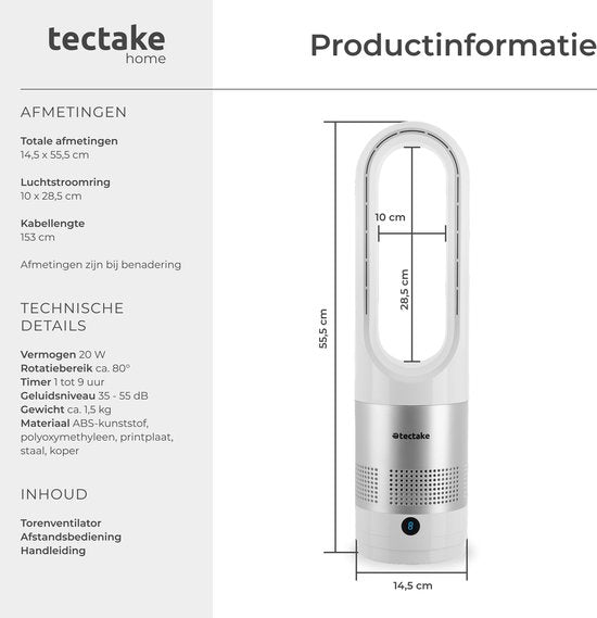tectake® Turmventilator Polar - Säulenventilator inklusive Fernbedienung - 8 Geschwindigkeitsstufen und Timer - 80° Rotationsfunktion - Leiser Ventilator (35-55dB) - Standventilator mit LED-Bedienfeld - 55,5 cm hoch - Luftkühler - Weiß