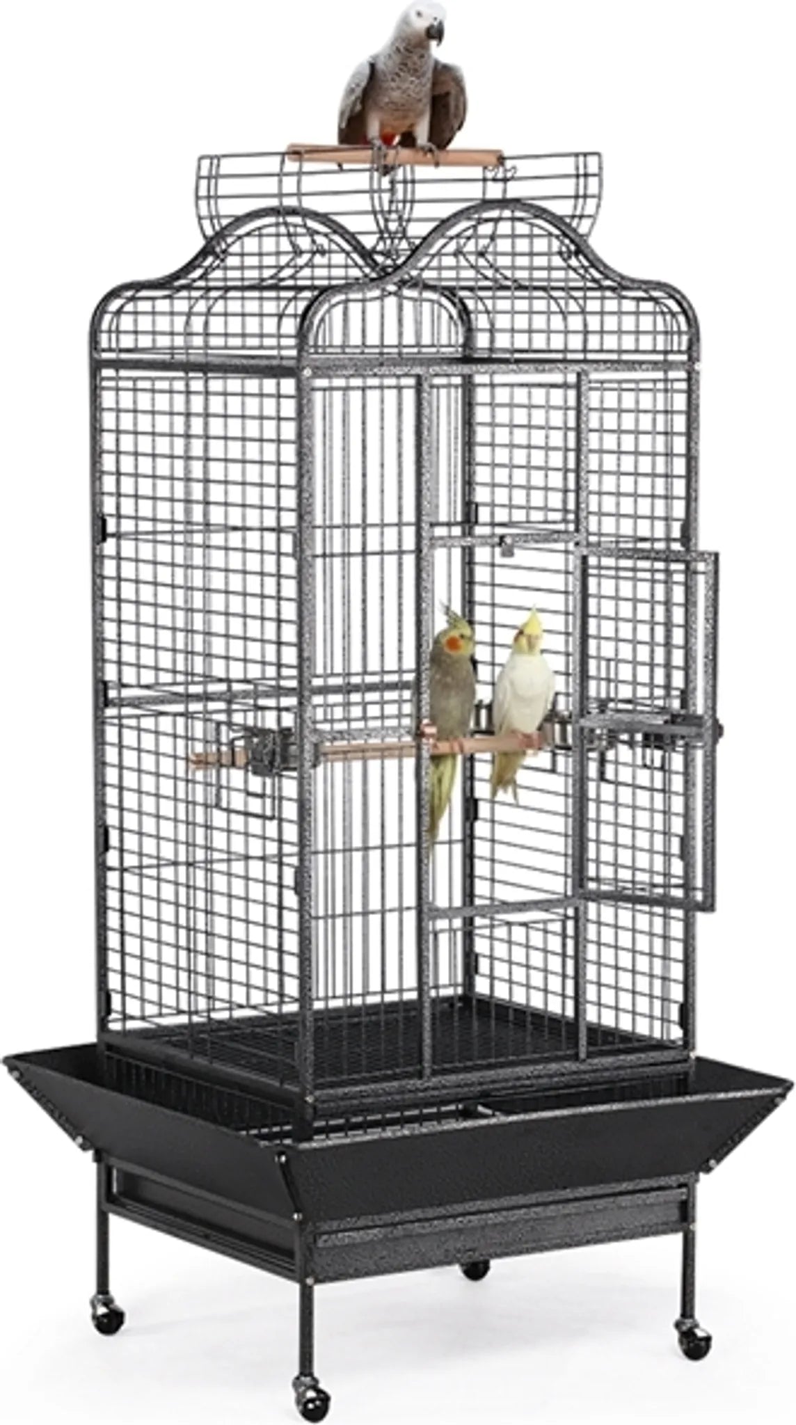 Yaheetech Vogelkäfig Papageienkäfig - 81 x 77 x 154-160 cm - Ausgestattet mit klappbarem viktorianischem Dach und Schmutzsammler und mobilem Sockel - Für Papageien und große Vögel - Schwarz gehämmertes Metall
