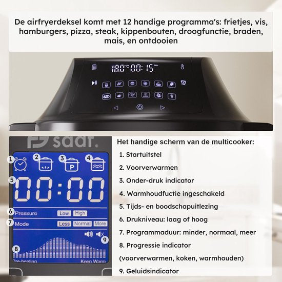Multikocher mit Airfryer - 15-teiliges Set - 6L - 24 Automatikprogramme - Slow Cooker, Reiskocher, Dampfgarer, Schnellkochtopf - Grau - von Saaf