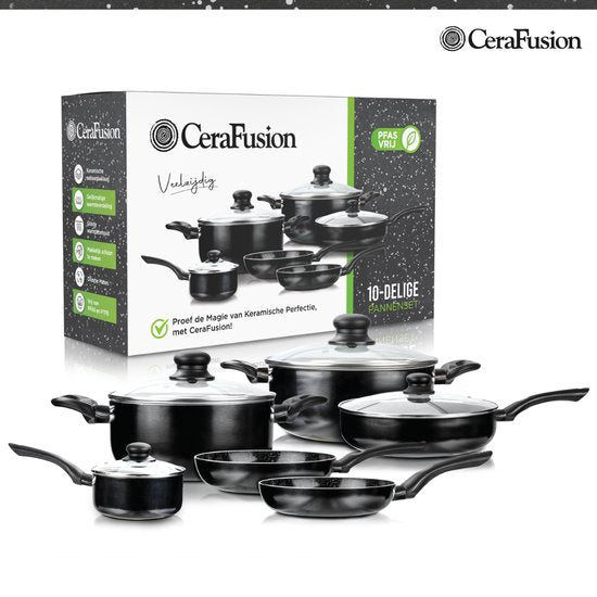 CeraFusion Keramikpfannen Set 10-teilig - Set mit Bratpfannen, Stielkasserolle, Kochtöpfen - Induktionspfannen - Pfannensets Aluminium