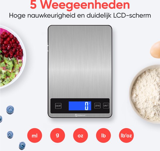 Kitchenwell Digitale Präzisions-Küchenwaage - Küchenwaage - 1gr - 10kg - Tara-Funktion - Grau