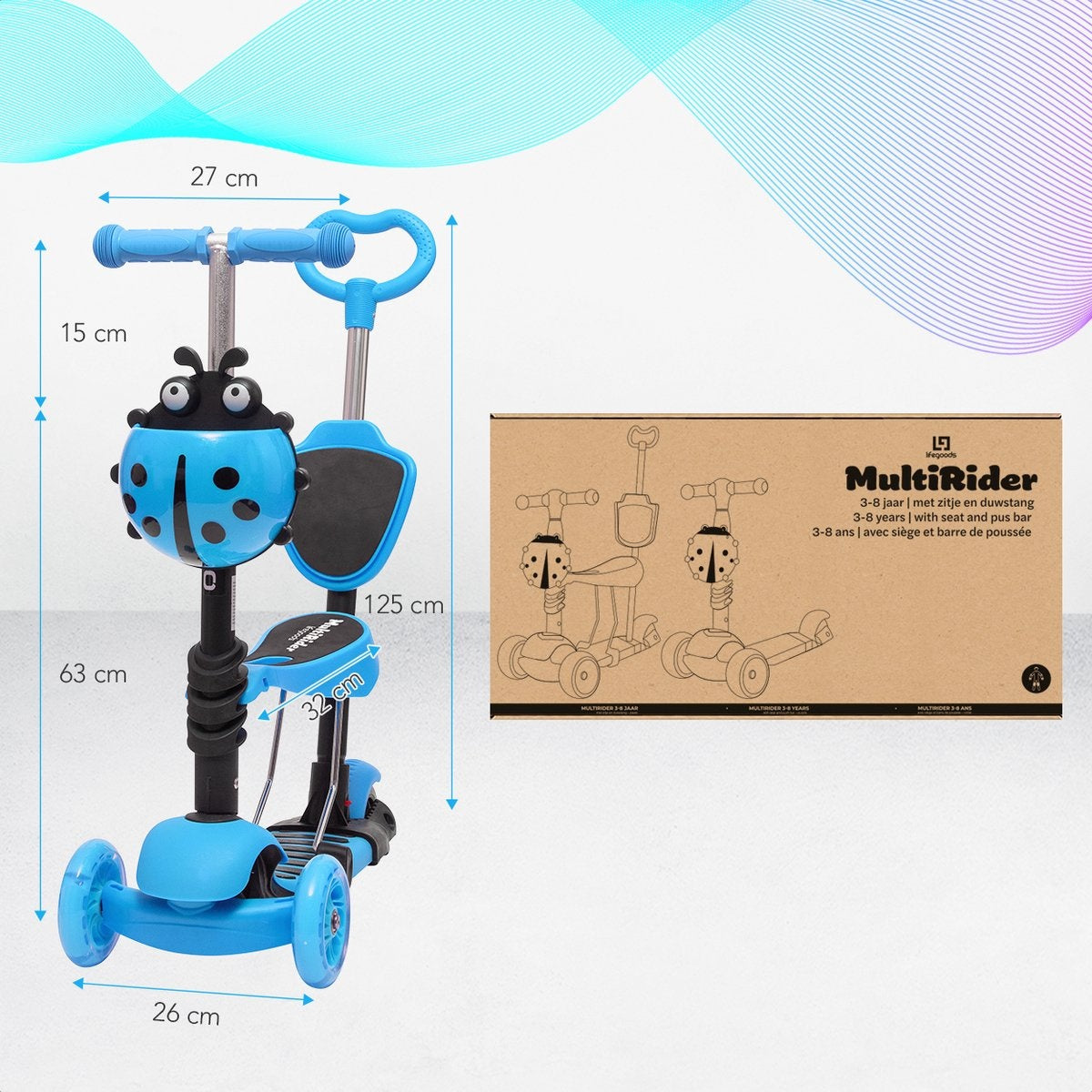 LifeGoods MultiRider - Kinderroller mit Schiebestange - 3 -8 Jahre - Jungen/Mädchen - 3 leuchtende Räder - Blau