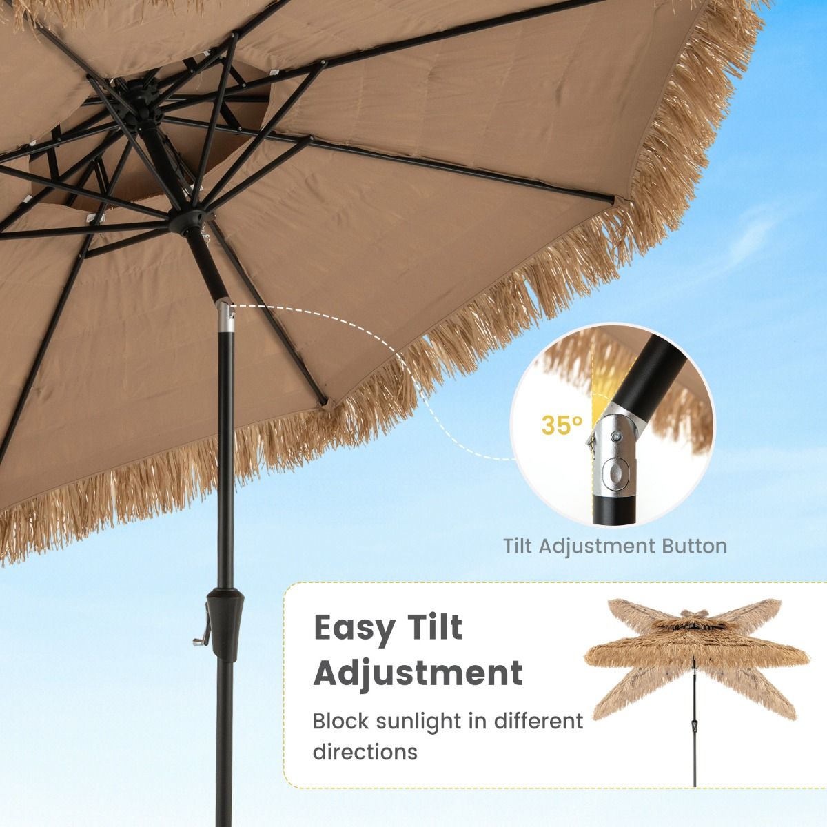 Coast Hawaiian Wicker Tiki Parasol 267x247 cm - Natürlicher Terrassen-Sonnenschirm mit Kurbel, Kippmechanismus & 8 stabilen Ballen