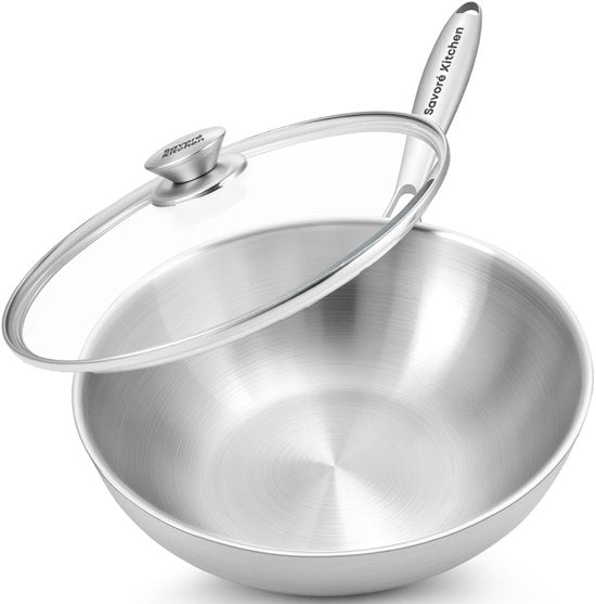 Savoré Kitchen Wokpfanne Edelstahl 28 cm mit Deckel - Induktionsgeeignet - Wokpfannen - 3-lagig - Professionelle Wärmeverteilung