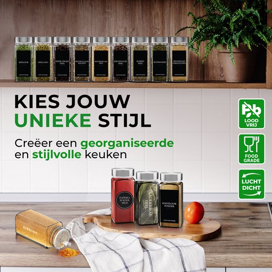 Soothe 36 Glasgewürzdosen quadratisch mit Edelstahldeckel - 2 Arten von Streudeckeln - Gewürzstreuer - Gewürzdosen - Komplettset inkl. Gewürzsticker, Kreidestift und Zubehör - 120ml