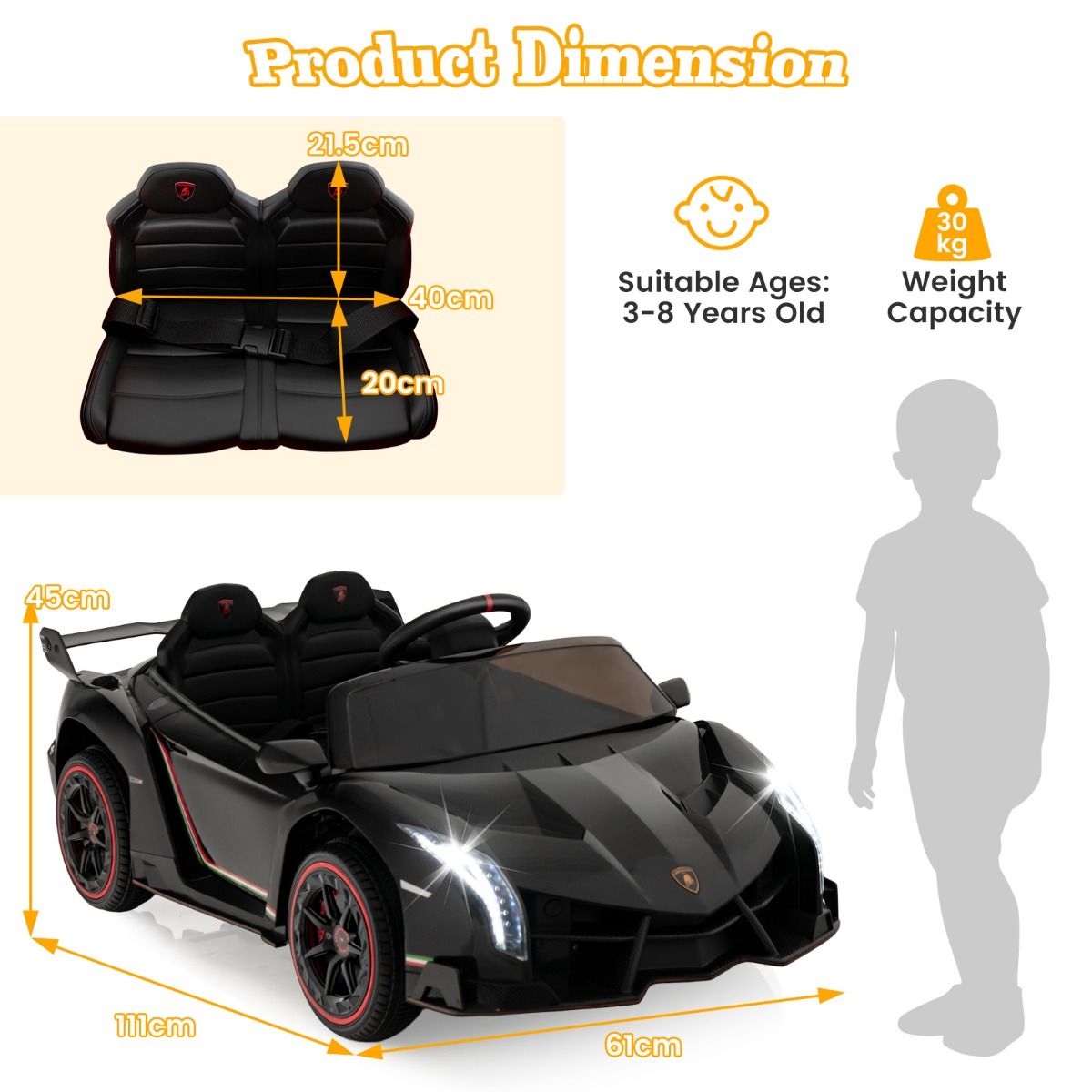 Coast Lamborghini lizenziertes Elektroauto - 12V Batterie - Fernsteuerung - 3 Geschwindigkeiten - hydraulische Türen - Schwarz