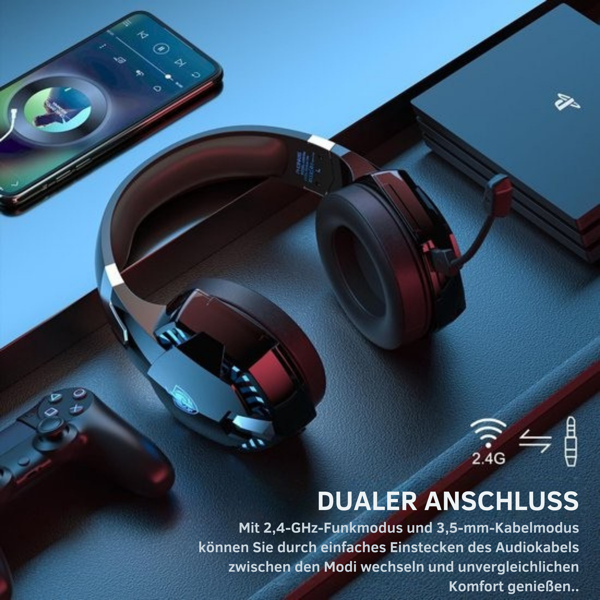 PHOINIKAS Bluetooth Gaming Headset - Mit Mikrofon - G2000 BT - Over-Ear Kopfhörer -Schwarz