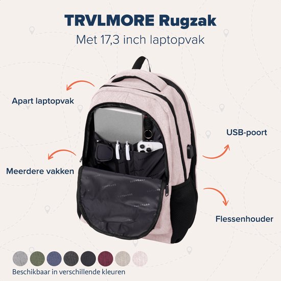 TRVLMORE Rucksack - 36L - 17 Zoll - Laptop-Rucksack mit USB - Schultasche - Herren und Damen - Tasche Pink