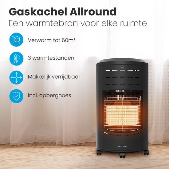 Auronic Mobiler Gaskocher - mit Rädern - bis zu 60 mÂ² - Inklusive Gasdruckregler und Gasschlauch - Inklusive Aufbewahrungshülle - Schwarz
