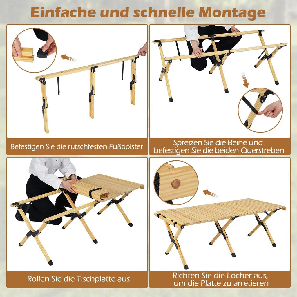 Coast Klappbarer Campingtisch 122 × 60 × 45 cm – Picknicktisch aus Holz für 4–6 Personen mit aufrollbarer Tischplatte und Tragetasche – Naturfarben