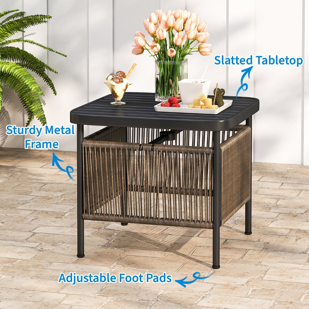 Coast Beistelltisch für den Außenbereich – wetterfestes Rattan – mit Sonnenschirmloch – schwarz – 56 x 56 x 49 cm