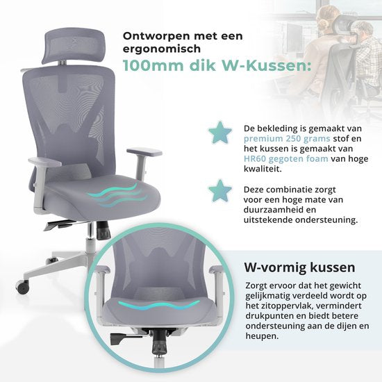 Backerz Ergonomischer Bürostuhl - Verstellbar - 3D Armlehnen - Kopfstütze - Weiß/Grau