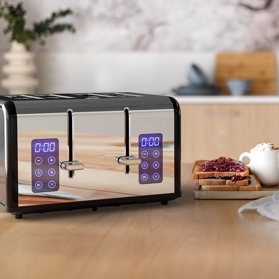 KitchenBrothers Toaster - Toaster - 6 Heizstufen - 4 extra breite Schlitze - Touch-Display - 1630W - Edelstahl/Schwarz