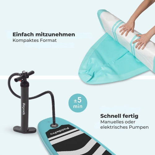 LifeGoods SUP Board - mit Sitz - Aufblasbares Paddle Board - Komplettset - Max. 135KG - 320x81cm - Mintgrün/Schwarz