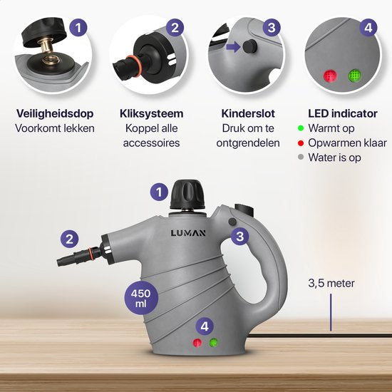 LUMAN 16-in-1 Dampfreiniger C1 - Handdampfreiniger - Handdampfer - Küche, Bad & Sofa reinigen - Fleckenreiniger - 1050 Watt - 450 ML - Grau