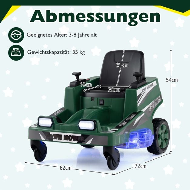 Coast Elektrischer Kinderrasenmäher 12V - Aufsitzmäher mit LED-Licht 72 x 62 x 54 cm - Grün