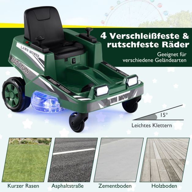 Coast Elektrischer Kinderrasenmäher 12V - Aufsitzmäher mit LED-Licht 72 x 62 x 54 cm - Grün