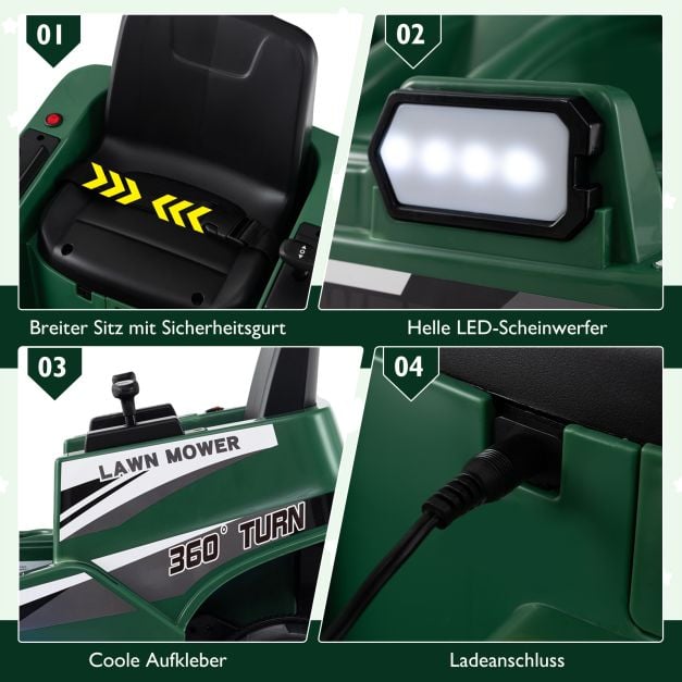 Coast Elektrischer Kinderrasenmäher 12V - Aufsitzmäher mit LED-Licht 72 x 62 x 54 cm - Grün