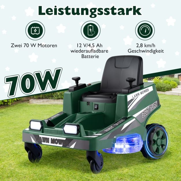 Coast Elektrischer Kinderrasenmäher 12V - Aufsitzmäher mit LED-Licht 72 x 62 x 54 cm - Grün