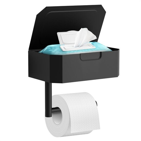 Avalo Toilettenpapierhalter mit Ablage - Schwarz - Selbstklebend / Bohren / Kein Bohren - Toilettenpapierhalter - Toilettenpapierhalter