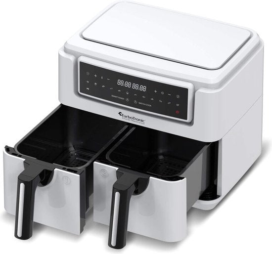 TurboTronic AF118 Double Airfryer XXL - Digitale Heißluftfritteuse - Doppelkorb - 7,6L - 2x 3,8L - 12 Programme - Touchscreen - Weiß