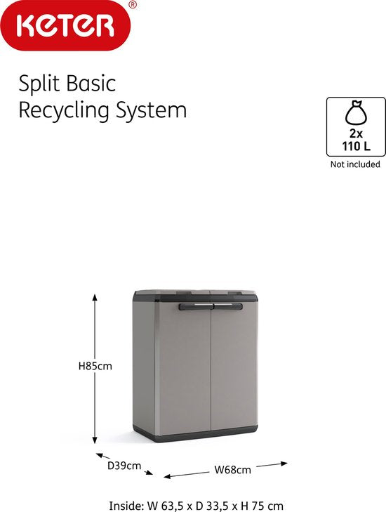 Keter Split Basic Recycling Mülltonne für draußen - 68x39x85 cm - Grau/Schwarz