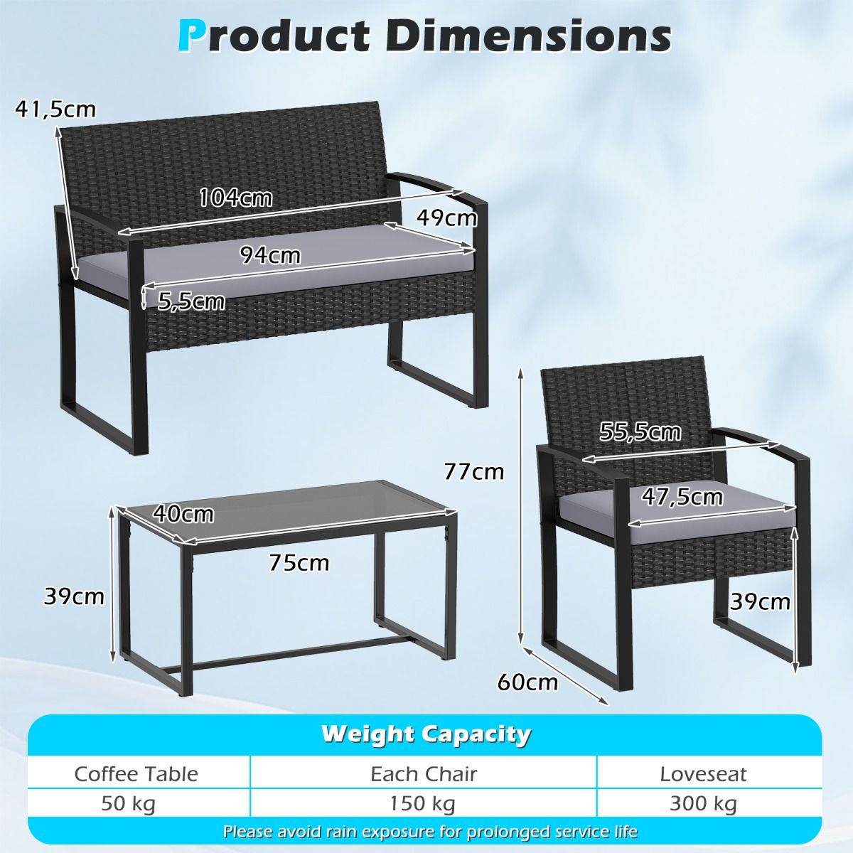 Coast-Gartenset für 4 Personen – inklusive Glastisch, 2-Sitzer-Sofa und 2 Sesseln – grau