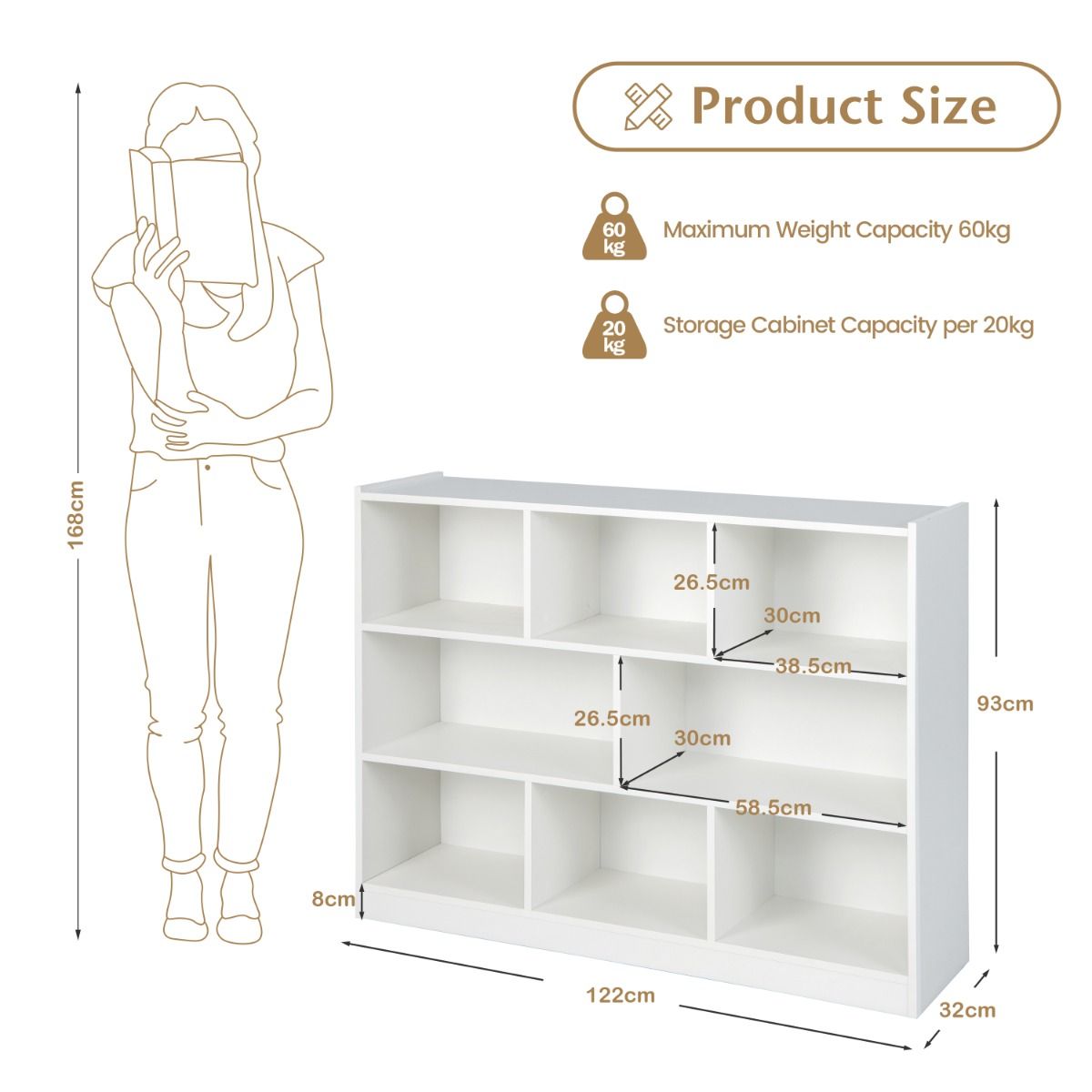 Coast Kinderbücherschrank – 3 Ebenen – 8 Einlegeböden – weiß – 122 x 32 x 93 cm