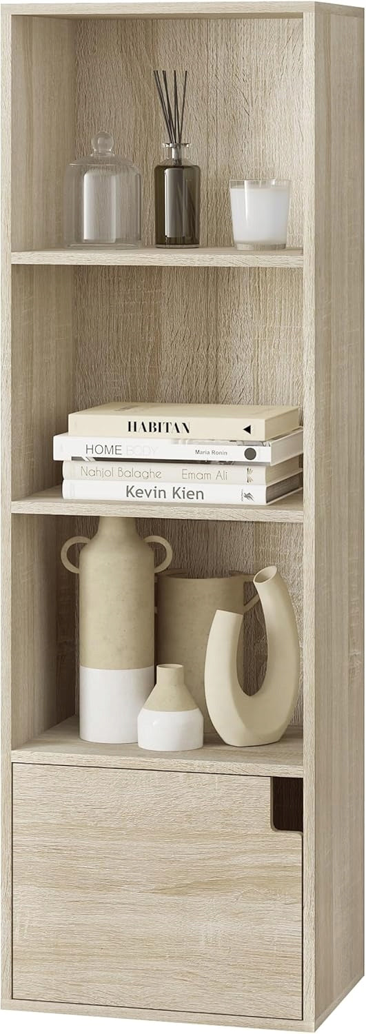 Woltu Schmaler Bücherschrank mit Tür – Helles Eiche – 34 x 106 x 24 cm