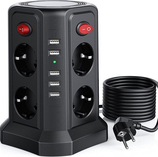 Steckdose mit Schalter und USB - Energiesparende Ein/Aus-Tasten - Power Block - Powercube - Schwarz - 3 Meter Kabel