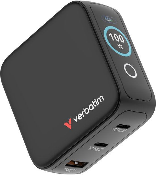 Verbatim Mini-Gan-Ladegerät 100 W, 2 × USB-C, 1 × USB-A, QC, für Apple MacBook und iPhone