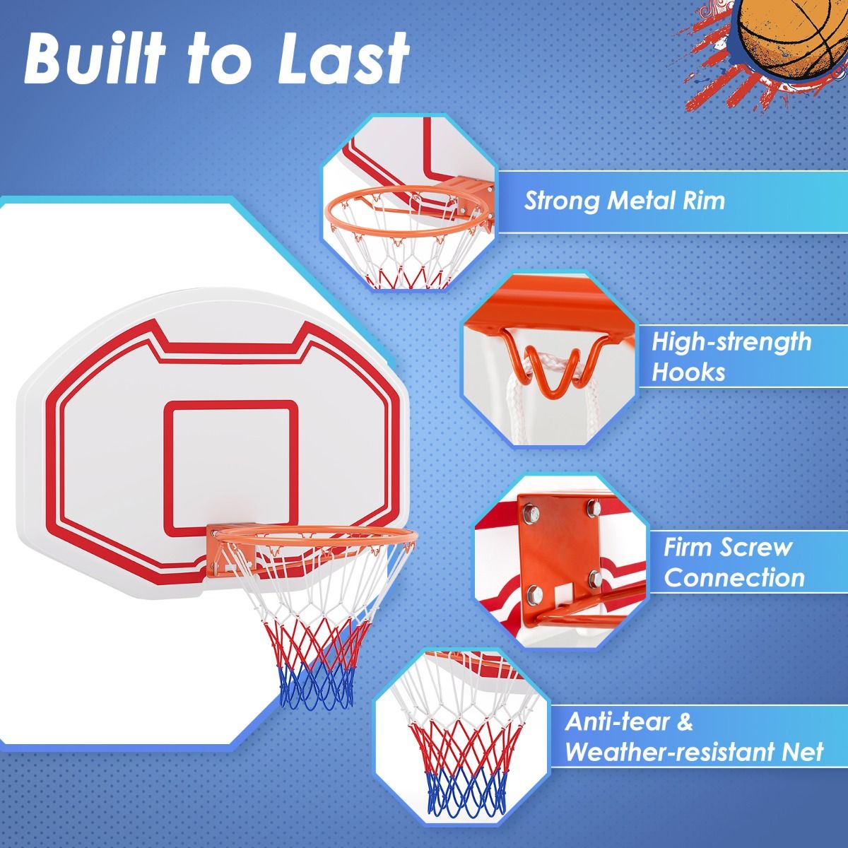 Coast Professional Ø45 cm Basketballkorb mit robustem 91x61 cm PE-Backboard - Innen und Außen, Weiß/Rot