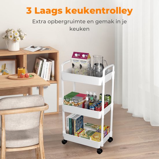 Posity Küchenwagen auf Rollen – Servierwagen / Aufbewahrungswagen / Küchenregal / Küchenwagen – fahrbar und feststehend – 3 Ebenen – Kunststoff – Weiß