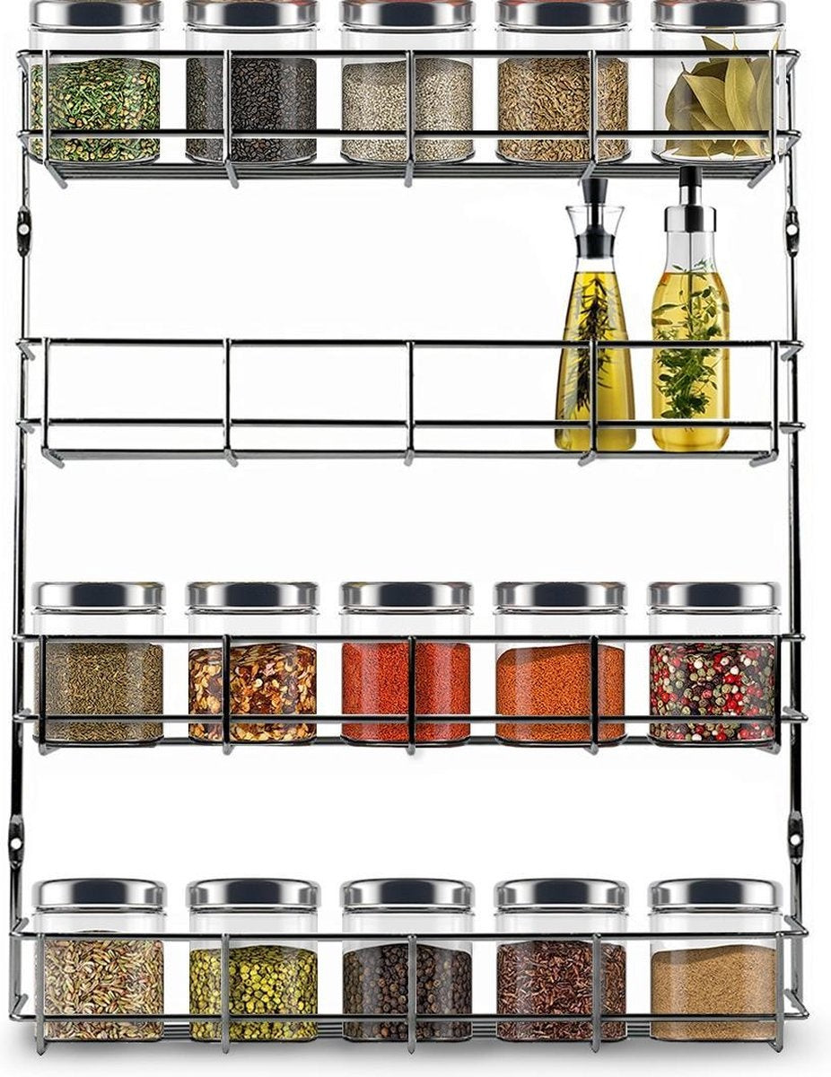 KitchenBrothers Hängendes Gewürzregal für 32 Gewürzdosen - Gewürzregal - Küchenregal - Gewürzorganisator - Gewürzaufbewahrung - 4 Schichten - 40 x 6,3 x 50 cm - Edelstahl