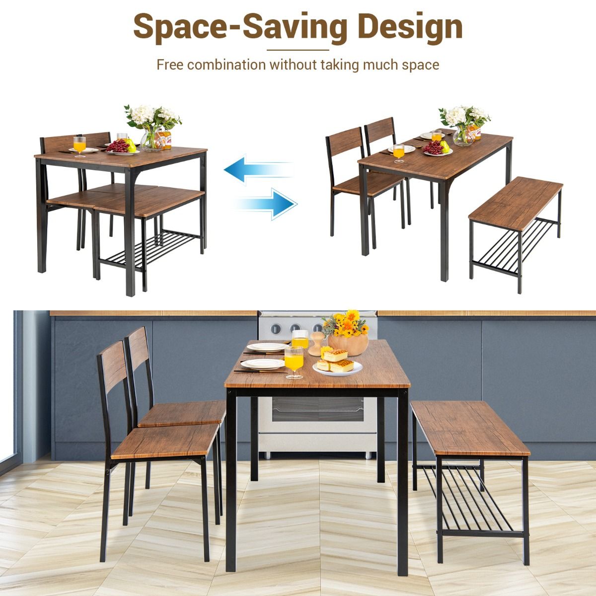Coast 4-teiliges industrielles Küchentisch und Stuhl Set Braun 110x70x76 cm Tisch + 2 Stühle + Bank