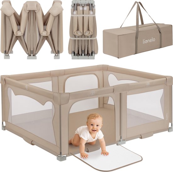 Lionelo Florence Easy Fold – Laufstall / Babybox – Lässt sich sehr schnell zusammenklappen – 150 x 180 cm – für zu Hause und im Garten – 0–48 Monate – Sicherer Laufstall – Tragetasche – Kompakt zusammengeklappt – Spielbox mit atmungsaktivem Netz – 2 Seite