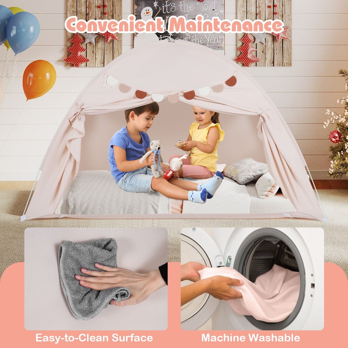 Coast Kinderzelt für zwei Personen – Zusammenklappbares Baldachinzelt – Mit Fenstern und Fahnenbanner – 201 x 100 x 122 cm – Beige