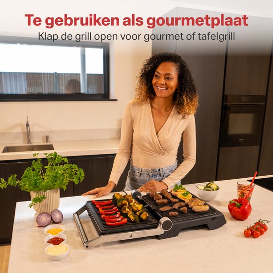 AoraKitchen Kontaktgrill - 180º ausklappbar - Grillgerät mit abnehmbaren Platten - 7 Ständer - Sandwich- und Panini-Eisen - 2000W
