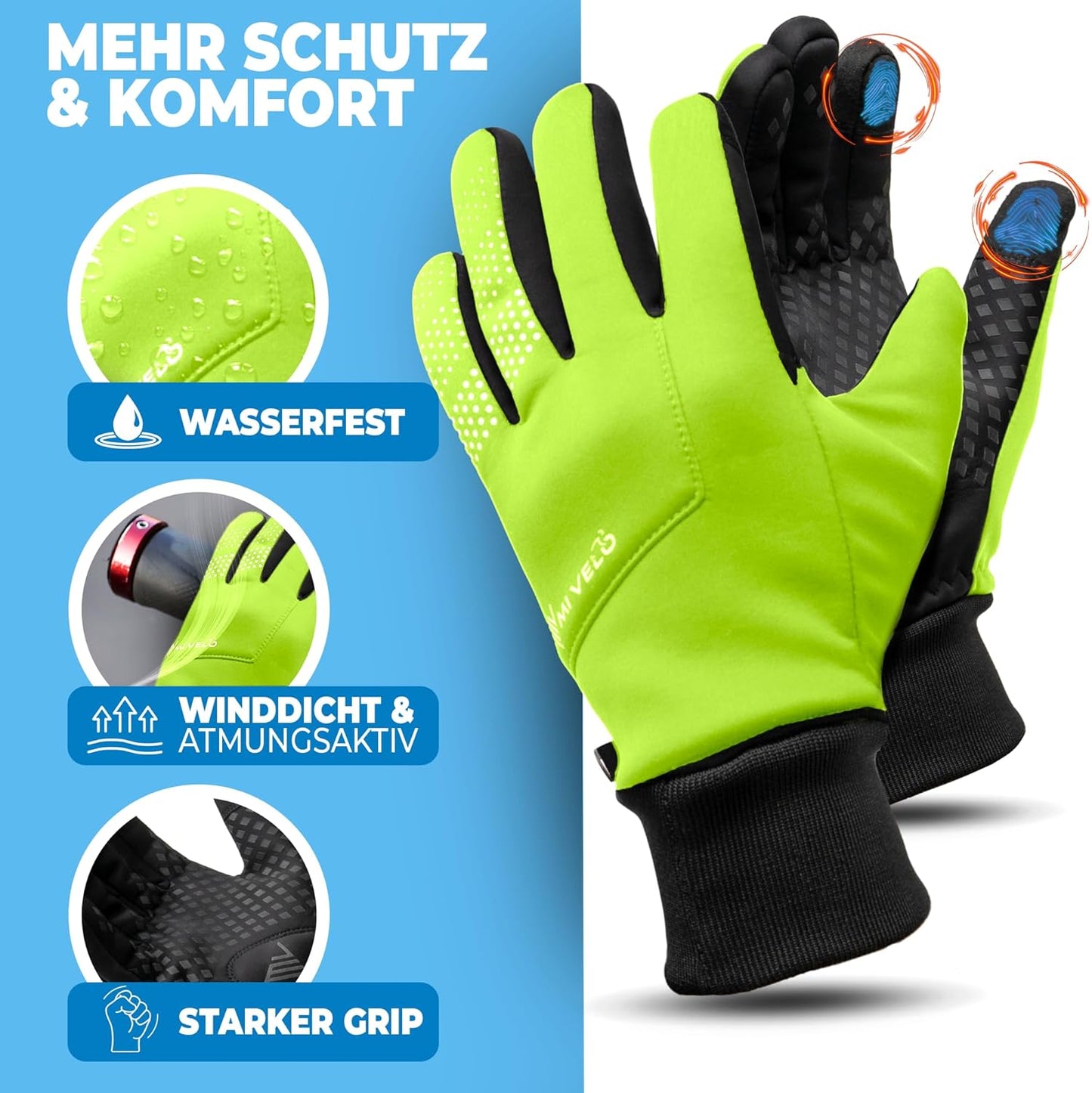 MIVELO Radhandschuhe VELORIDER - Wind- und wasserdicht - Fester Griff - Gelb - Größe S