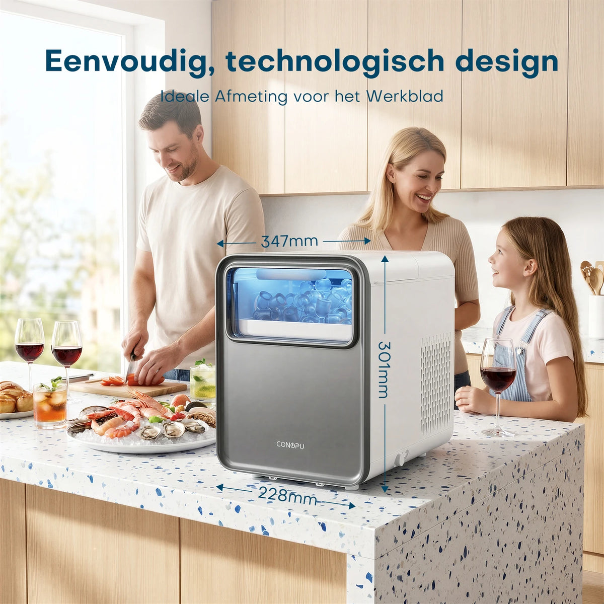 CONOPU Eiswürfelmaschine – Selbstreinigend, 9 kugelförmige Eiswürfel in 6–8 Minuten, 2 Eiswürfelgrößen, 12 kg/Tag, 1,5 l, leise & kompakt – 35 × 23 × 30 cm, eisblau